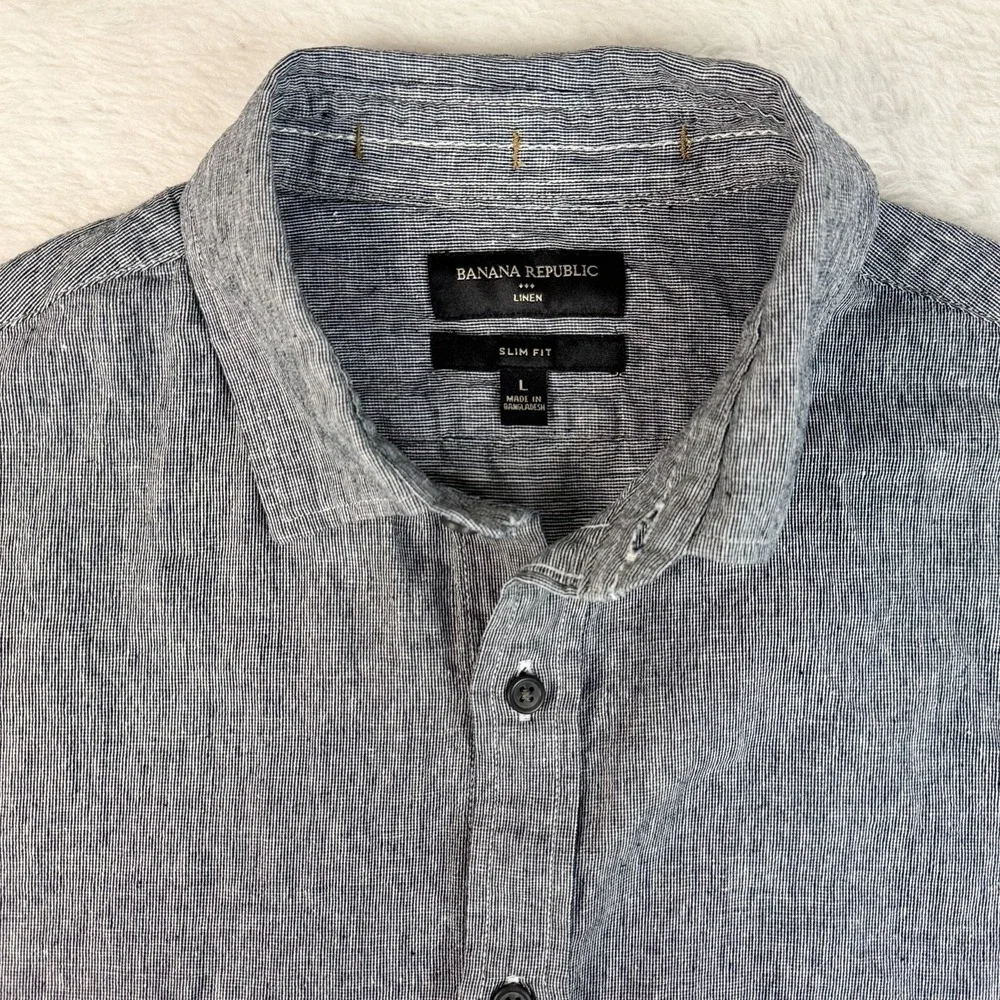 Banana Republic Linen Shirt Mens Large Navy Slim Fit Short Sleeve Button Up